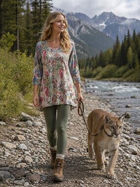 Whimsey Rose sz LG floral tunic thermal 3/4 sleeves long A-line flare shirt top